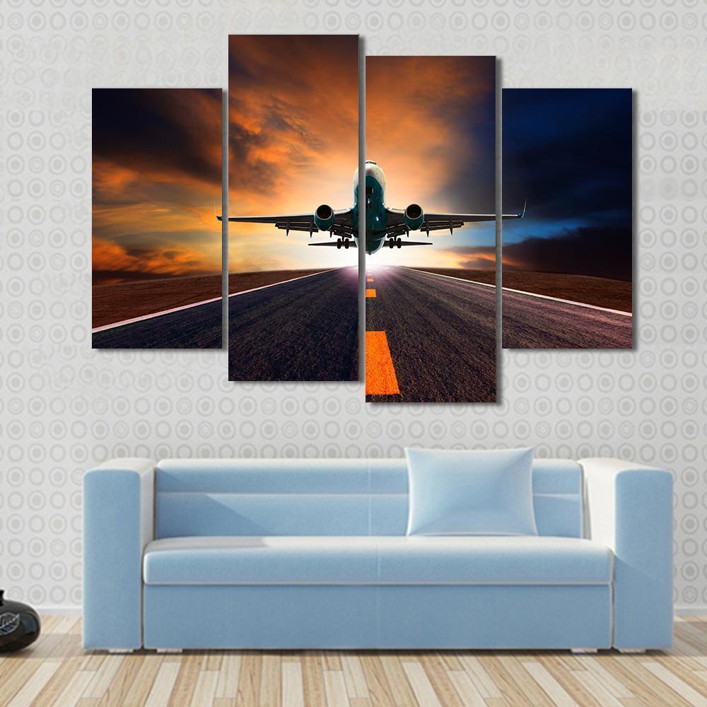 Airplane Taking Off From A Runway Canvas Wall Art-4 Pop-Gallery Wrap-50" x 32"-Tiaracle