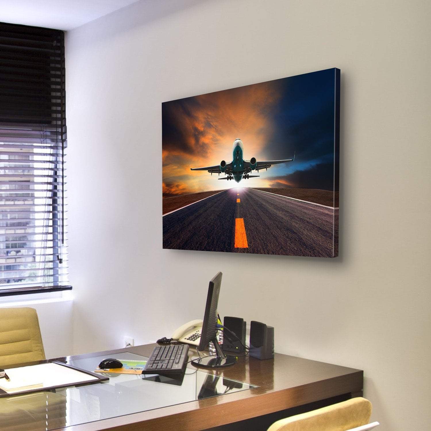 Airplane Taking Off From A Runway Canvas Wall Art-3 Horizontal-Gallery Wrap-37" x 24"-Tiaracle