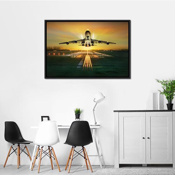 Airplane Taking Off From Runway Canvas Wall Art-3 Horizontal-Gallery Wrap-25" x 16"-Tiaracle
