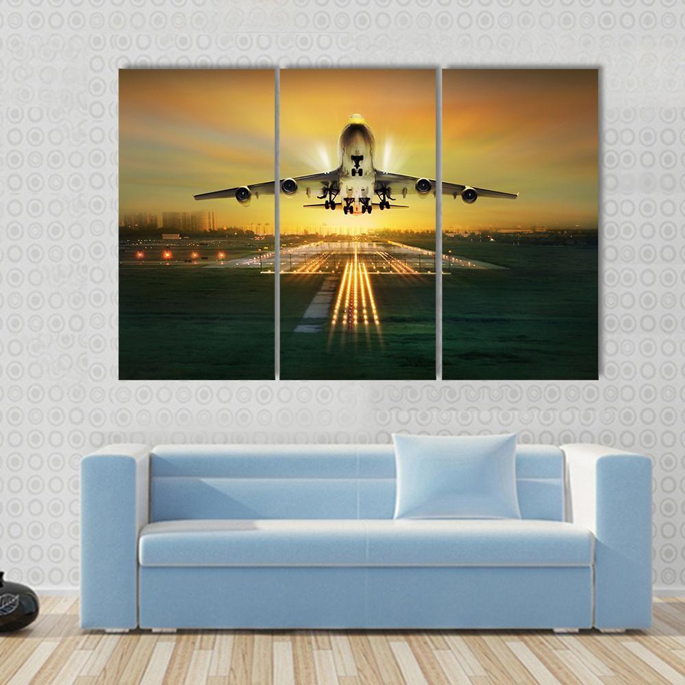Airplane Taking Off From Runway Canvas Wall Art-3 Horizontal-Gallery Wrap-37" x 24"-Tiaracle