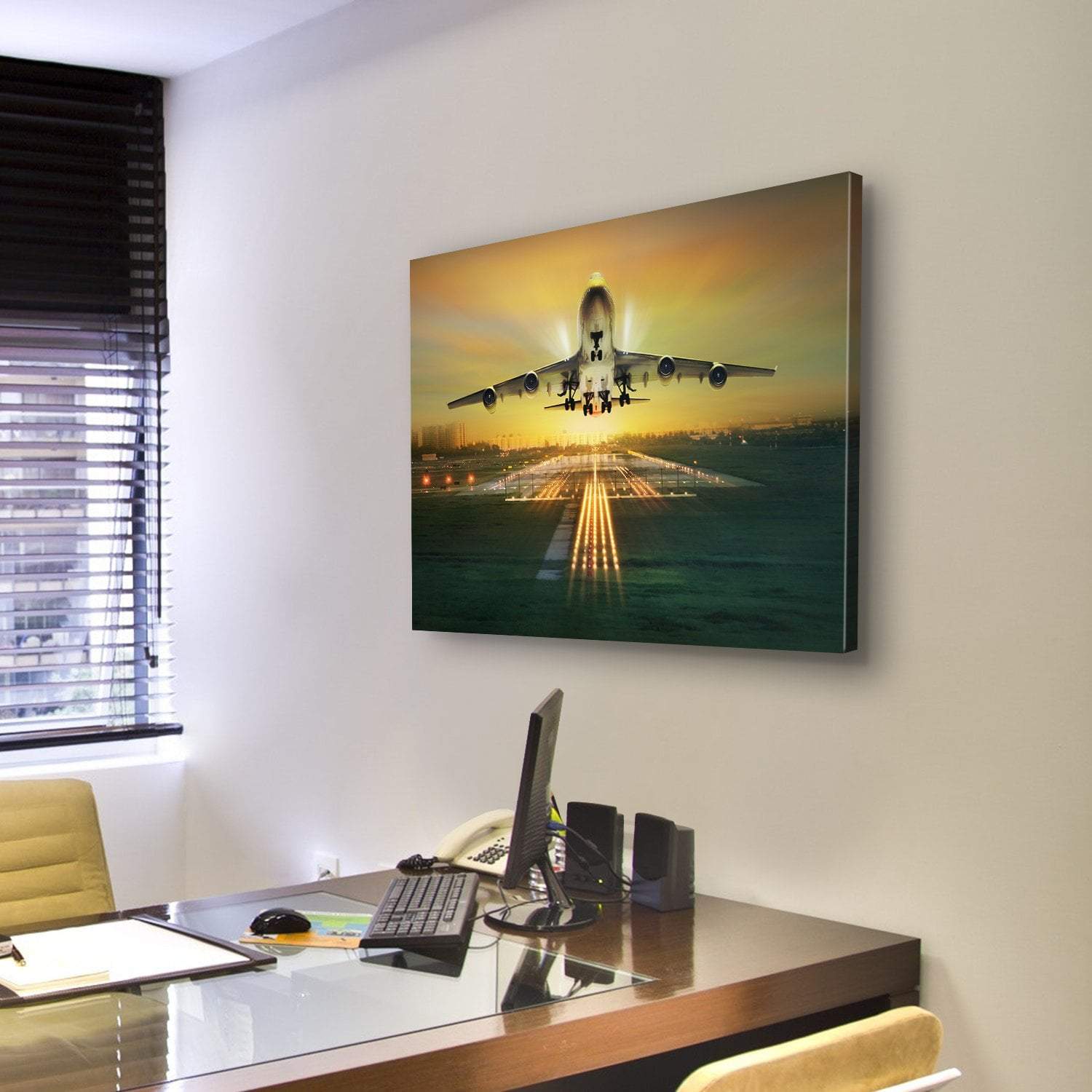 Airplane Taking Off From Runway Canvas Wall Art-4 Pop-Gallery Wrap-50" x 32"-Tiaracle