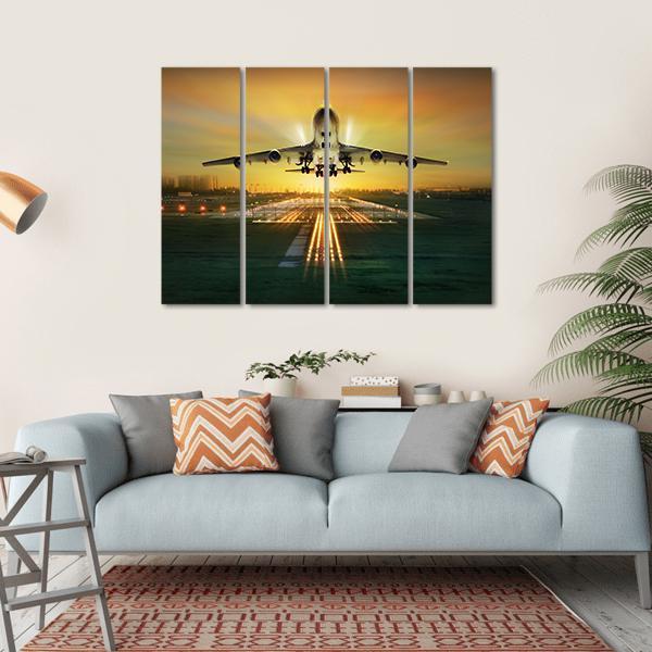 Airplane Taking Off From Runway Canvas Wall Art-4 Horizontal-Gallery Wrap-34" x 24"-Tiaracle