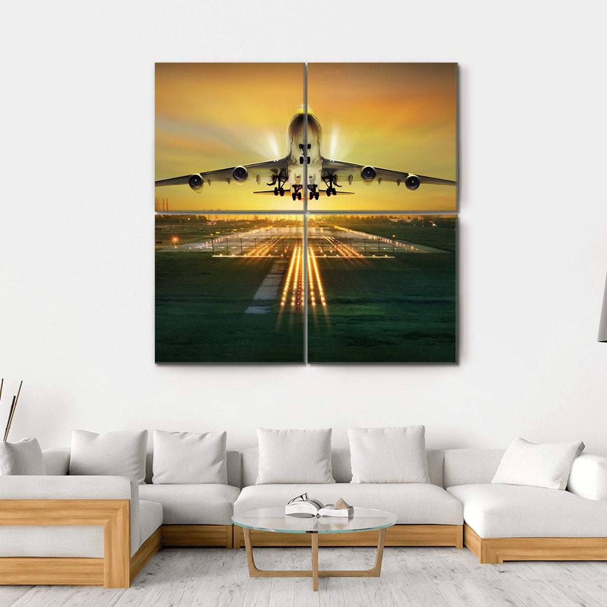 Airplane Taking Off From Runway Canvas Wall Art-4 Square-Gallery Wrap-17" x 17"-Tiaracle
