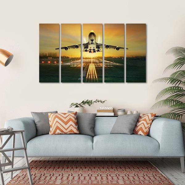 Airplane Taking Off From Runway Canvas Wall Art-5 Horizontal-Gallery Wrap-22" x 12"-Tiaracle