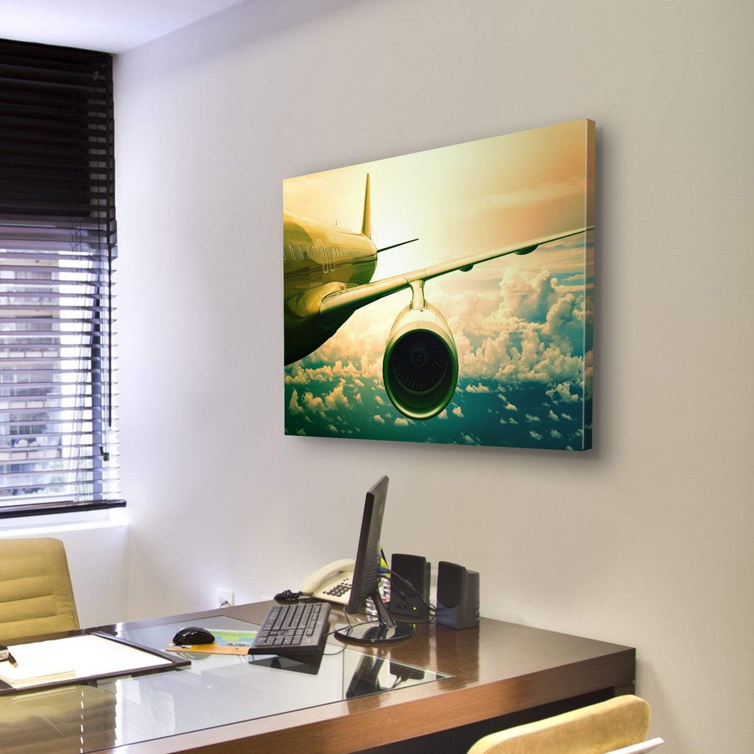 Airplane Wings Flying Above Clouds Canvas Wall Art-5 Pop-Gallery Wrap-47" x 32"-Tiaracle