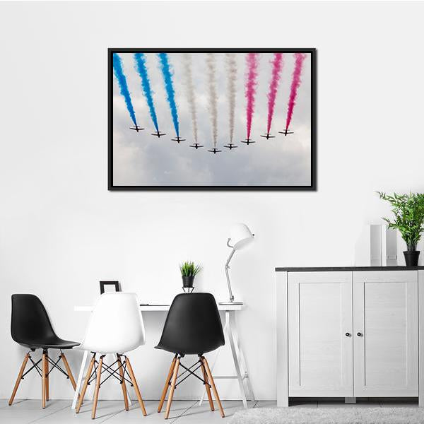 Colorful Air Show Airplanes Canvas Wall Art in gray, blue and pink, framed canvas, product view on a white background