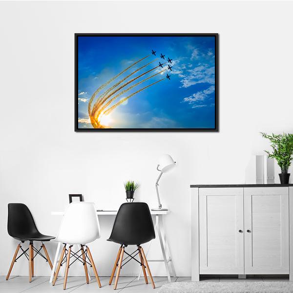Seven Military Jets in Formation Canvas Wall Art in white, yellow and blue, framed canvas, product view on a white background