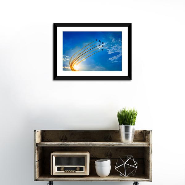 Seven Military Jets in Formation Canvas Wall Art in white, yellow and blue, framed print, product view on a white background