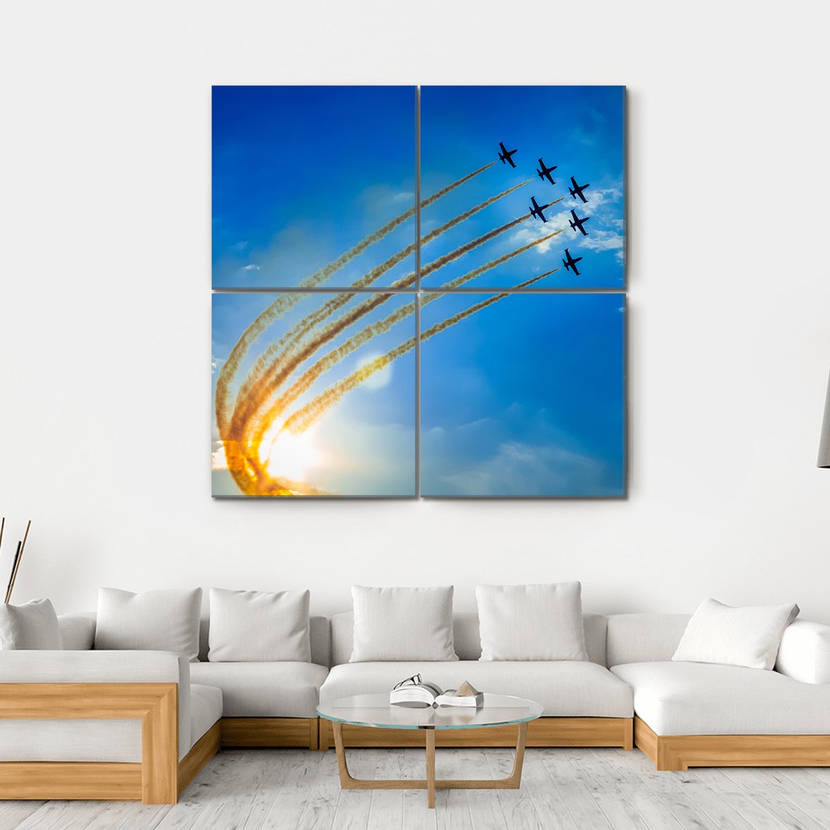 Seven Military Jets in Formation Canvas Wall Art in white, yellow and blue, hung on a wall