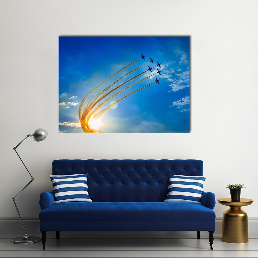 Airshow Jets in Formation Canvas Wall Art in white, orange and blue, single panel hung on a wall