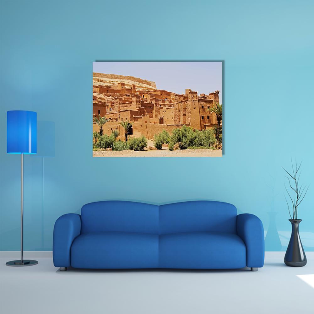 Ait Benhaddou Mud-brick Village Canvas Wall Art in beige, brown and orange, single panel hung on a wall