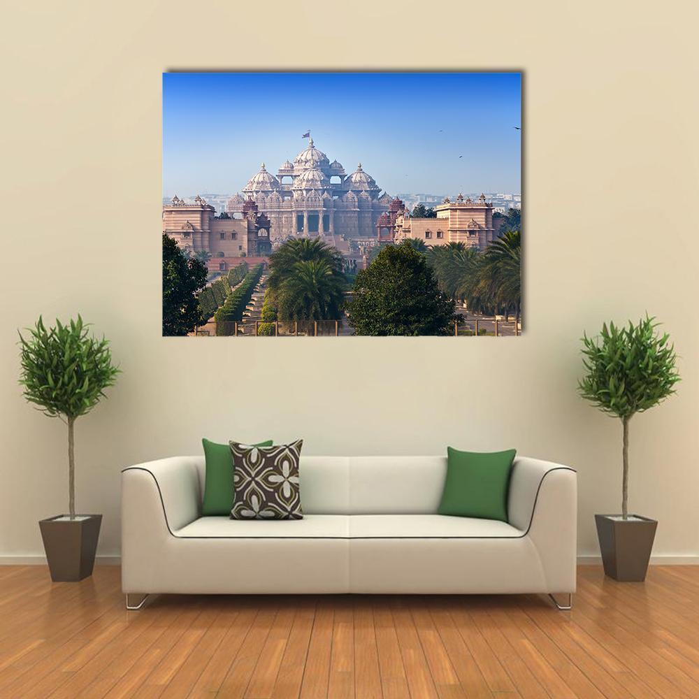 Swaminarayan Akshardham Temple Canvas Wall Art in beige, green and blue, single panel hung on a wall