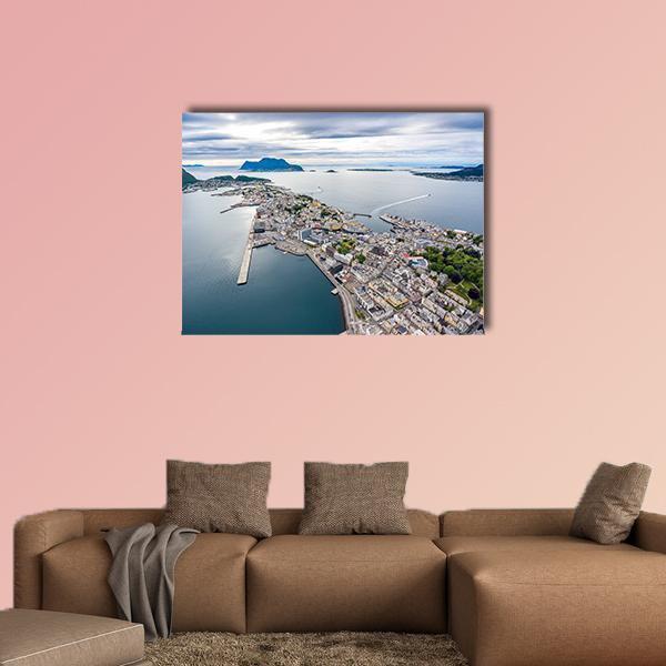 Alesund Norway Harbor Aerial View Canvas Wall Art in white, gray and blue, single panel hung on a wall
