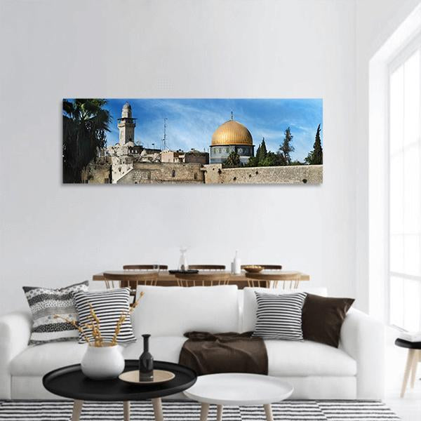Western in Jerusalem Panoramic Canvas Wall Art in beige, gold and blue, hung on a wall