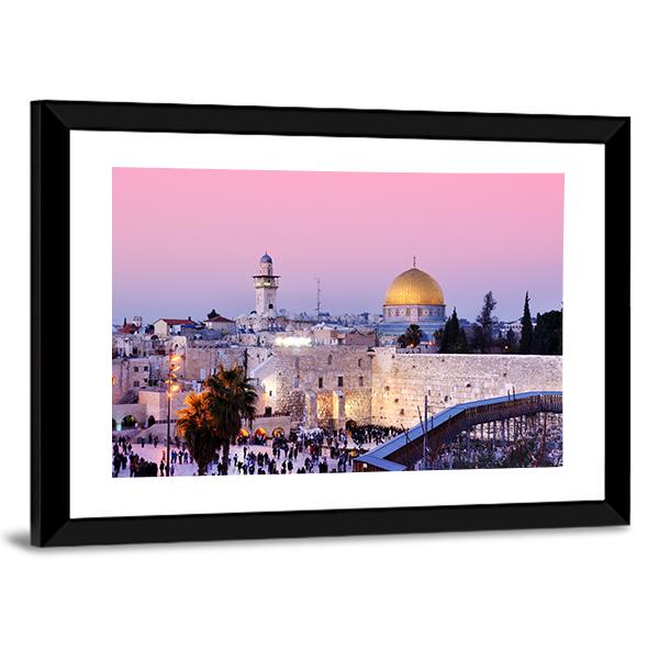 Al Aqsa Mosque at Dusk Canvas Wall Art in gold, purple and pink, 4 panel Pop layout hung on a wall