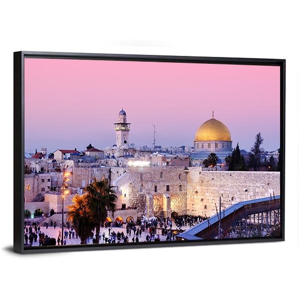 Al Aqsa Mosque at Dusk Canvas Wall Art in beige, blue and pink, hung on a wall