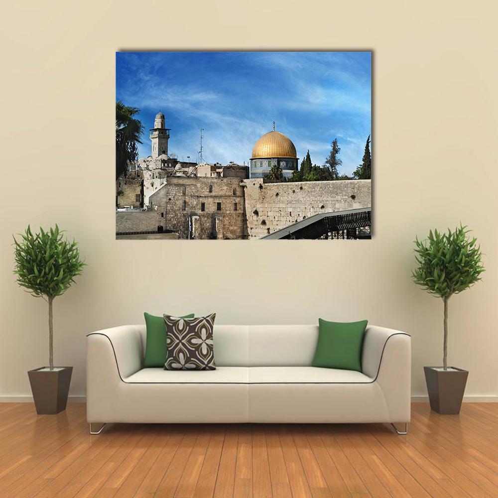 Western in Jerusalem Canvas Wall Art in beige, gold and blue, single panel hung on a wall