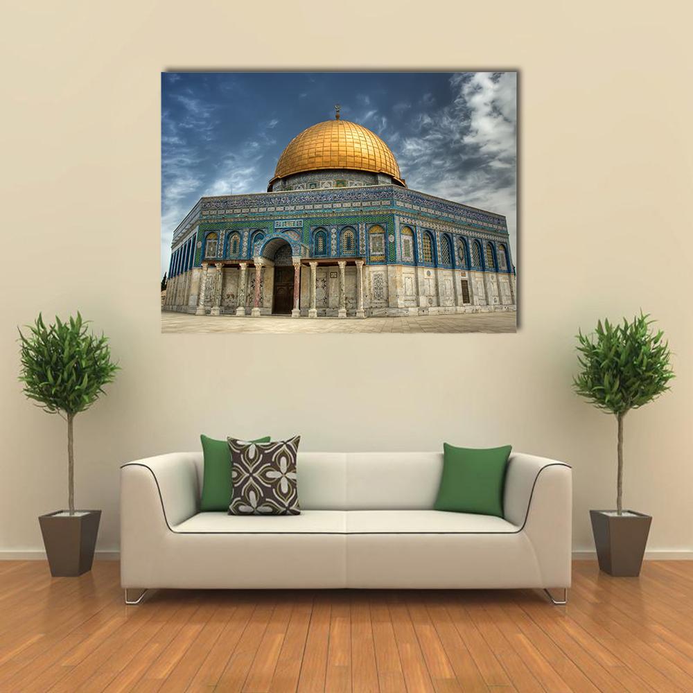Al Aqsa Mosque in Jerusalem Canvas Wall Art in gray, gold and blue, single panel hung on a wall