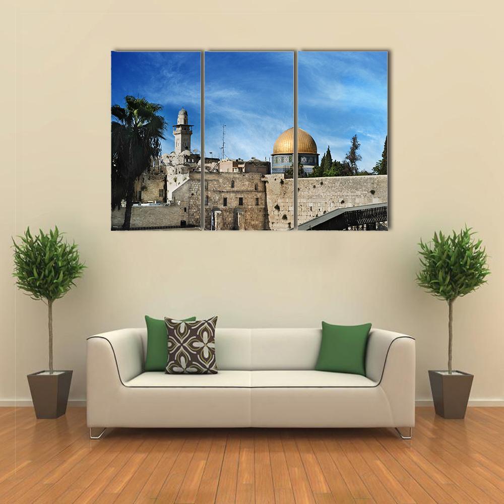 Western in Jerusalem Canvas Wall Art in gray, beige and blue, single panel hung on a wall