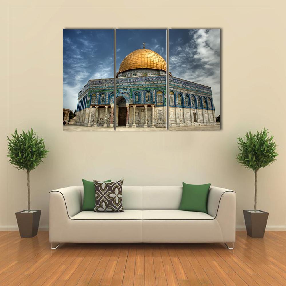 Al Aqsa Mosque in Jerusalem Canvas Wall Art in beige, gold and blue, single panel hung on a wall