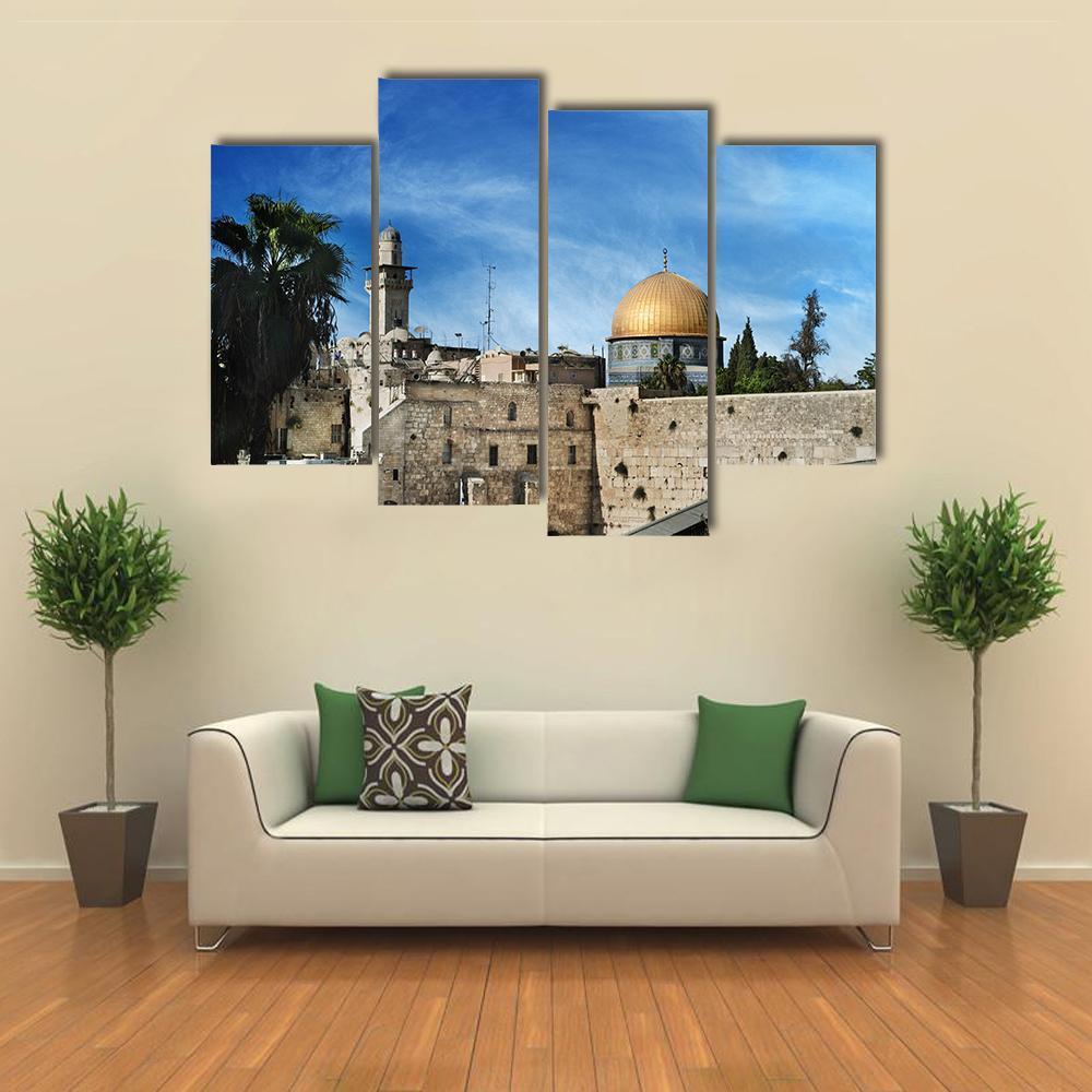 Western in Jerusalem Canvas Wall Art in gray, beige and blue, single panel hung on a wall