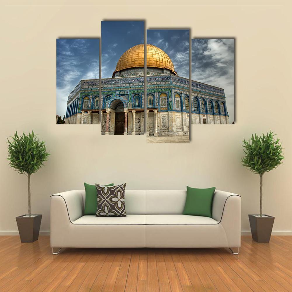 Al Aqsa Mosque in Jerusalem Canvas Wall Art in beige, gold and blue, single panel hung on a wall