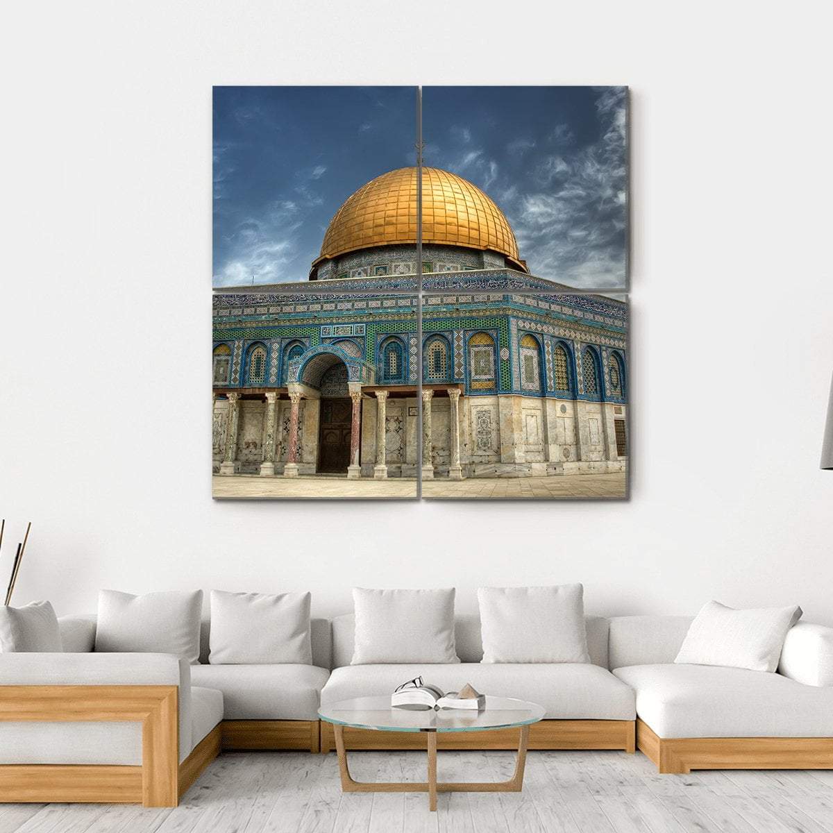 Al Aqsa Mosque in Jerusalem Canvas Wall Art in gray, gold and blue, hung on a wall