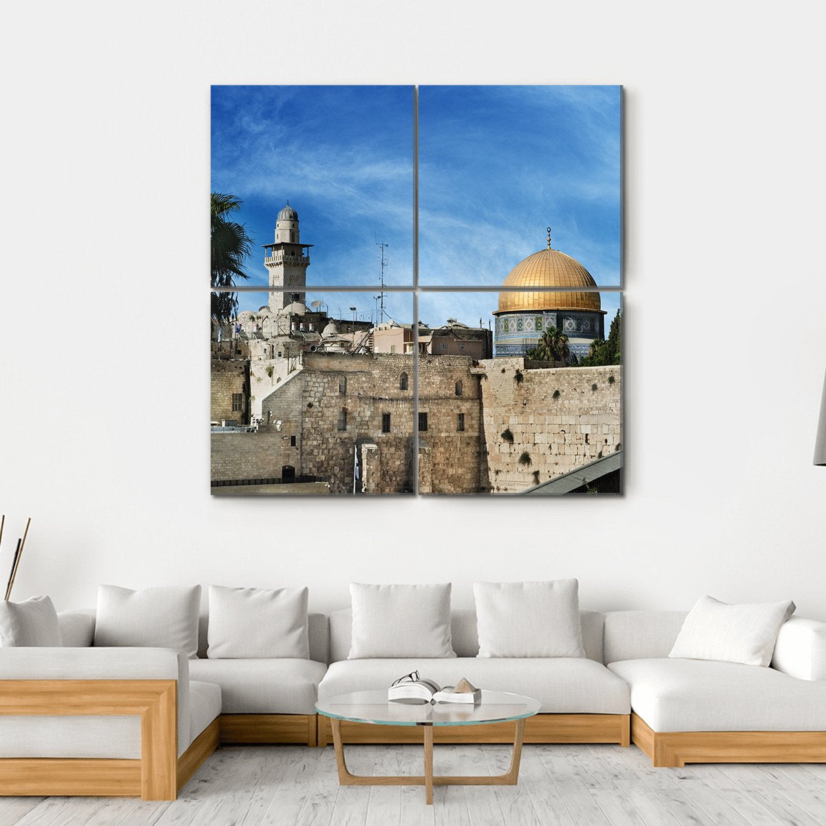Western in Jerusalem Canvas Wall Art in beige, gold and blue, hung on a wall