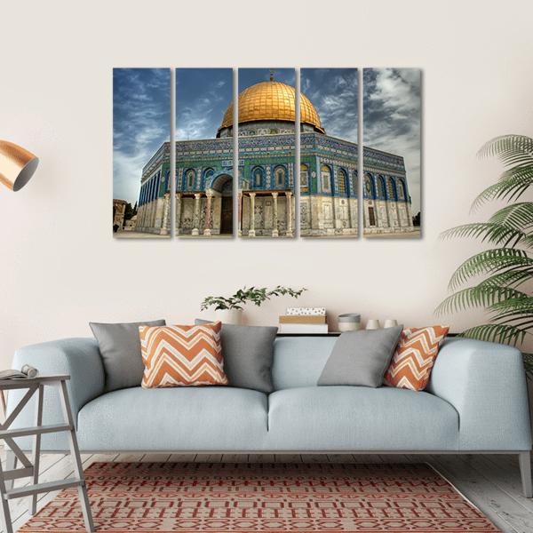 Al Aqsa Mosque in Jerusalem Canvas Wall Art in gray, gold and blue, hung on a wall