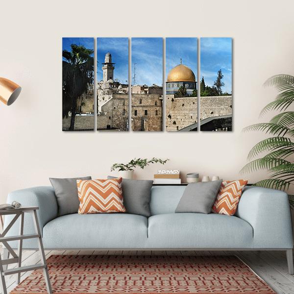 Western in Jerusalem Canvas Wall Art in beige, gold and blue, hung on a wall