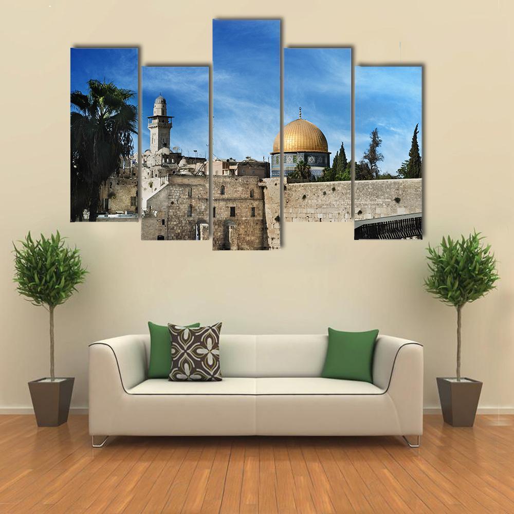 Western in Jerusalem Canvas Wall Art in gray, beige and blue, single panel hung on a wall