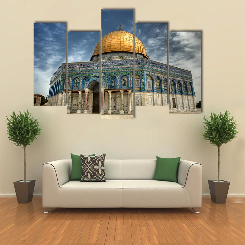 Al Aqsa Mosque in Jerusalem Canvas Wall Art in beige, gold and blue, single panel hung on a wall