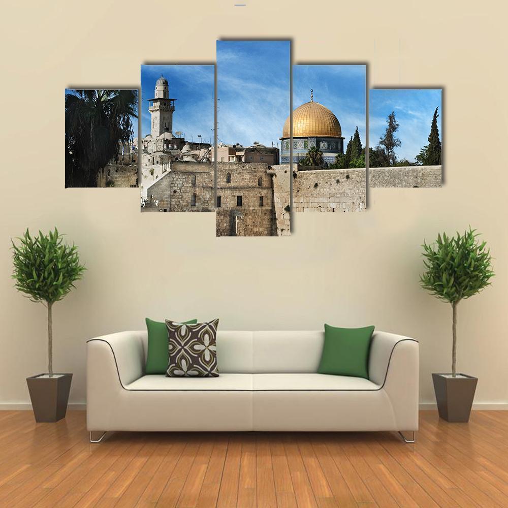 Western in Jerusalem Canvas Wall Art in gray, beige and blue, 5 panel Star layout hung on a wall