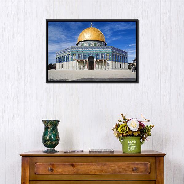 Al Aqsa Mosque in Jerusalem Canvas Wall Art in beige, gold and blue, single panel hung on a wall