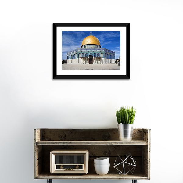 Al Aqsa Mosque in Jerusalem Canvas Wall Art in beige, gold and blue, single panel hung on a wall