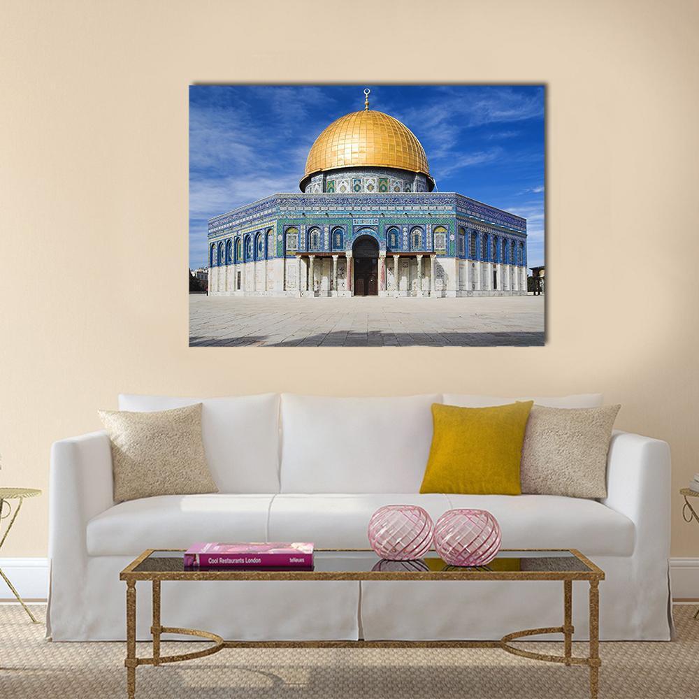 Al Aqsa Mosque Golden Dome, Jerusalem Canvas Wall Art in white, gold and blue, single panel hung on a wall