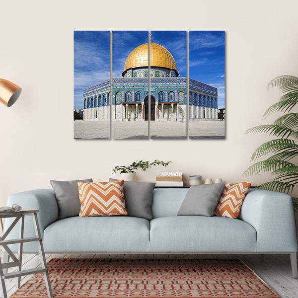 Al Aqsa Mosque Golden Dome, Jerusalem Canvas Wall Art in white, gold and blue, hung on a wall