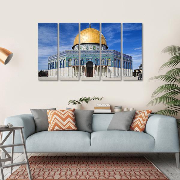 Al Aqsa Mosque Golden Dome, Jerusalem Canvas Wall Art in white, gold and blue, hung on a wall