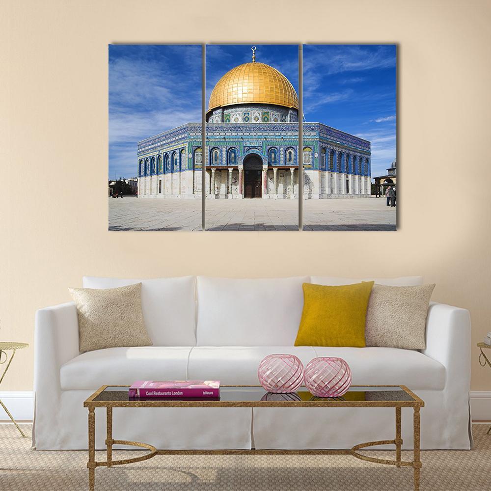 Al Aqsa Mosque in Jerusalem Canvas Wall Art in beige, gold and blue, single panel hung on a wall