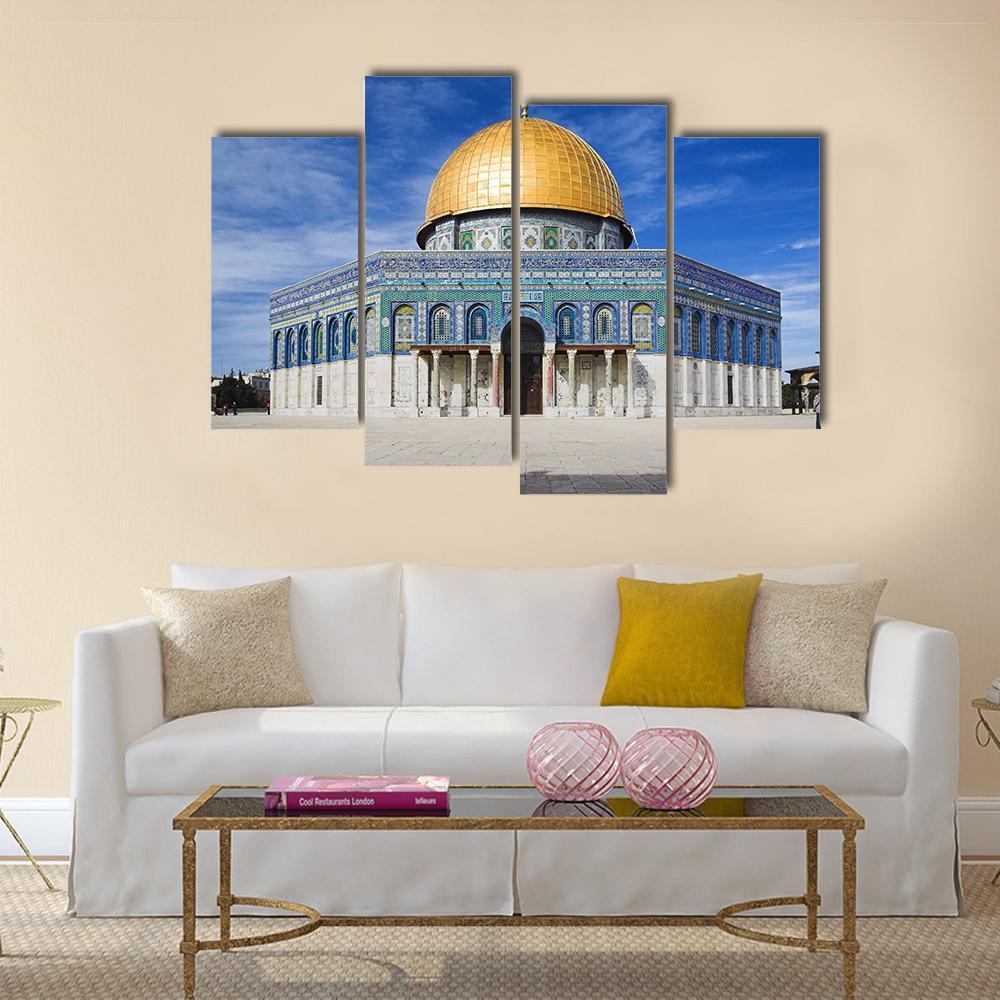 Al Aqsa Mosque in Jerusalem Canvas Wall Art in beige, gold and blue, single panel hung on a wall