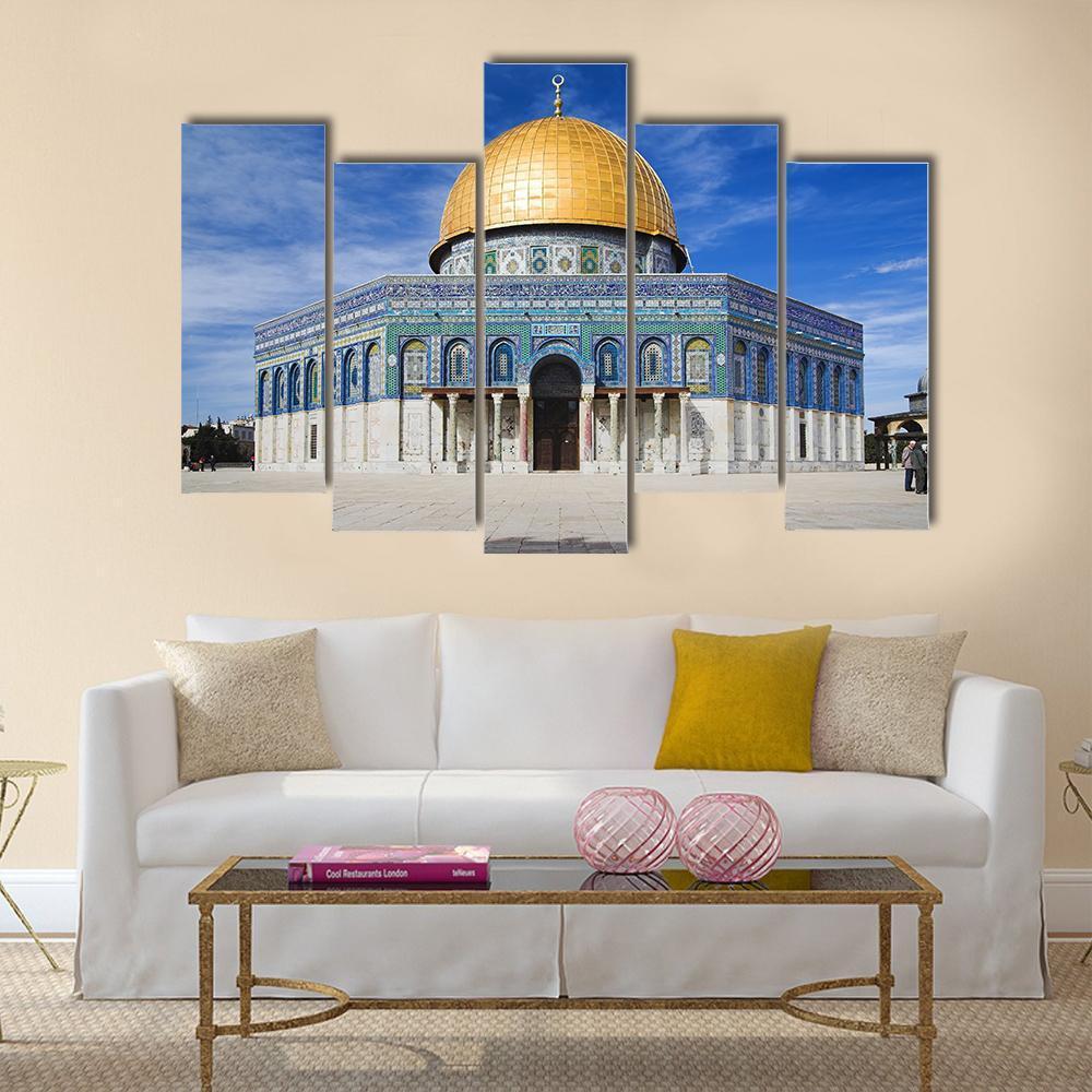 Al Aqsa Mosque in Jerusalem Canvas Wall Art in beige, gold and blue, single panel hung on a wall