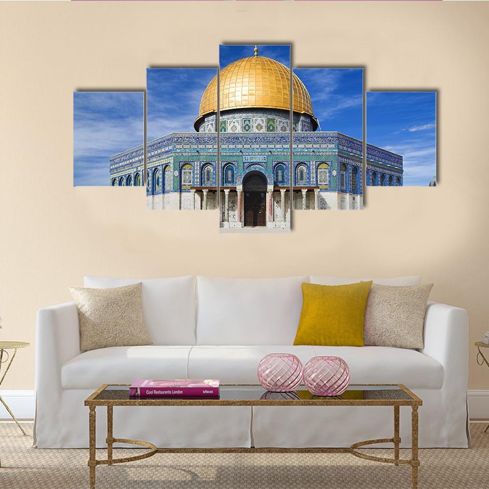 Al Aqsa Mosque in Jerusalem Canvas Wall Art in beige, gold and blue, single panel hung on a wall