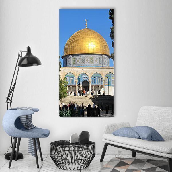 Al Aqsa Mosque in Jerusalem Vertical Canvas Wall Art in beige, gold and blue, single vertical panel hung on a wall