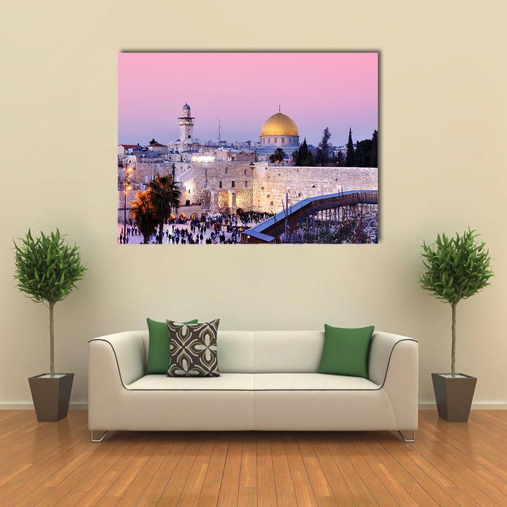 Al Aqsa Mosque at Dusk Canvas Wall Art in gold, purple and pink, 4 panel Pop layout hung on a wall
