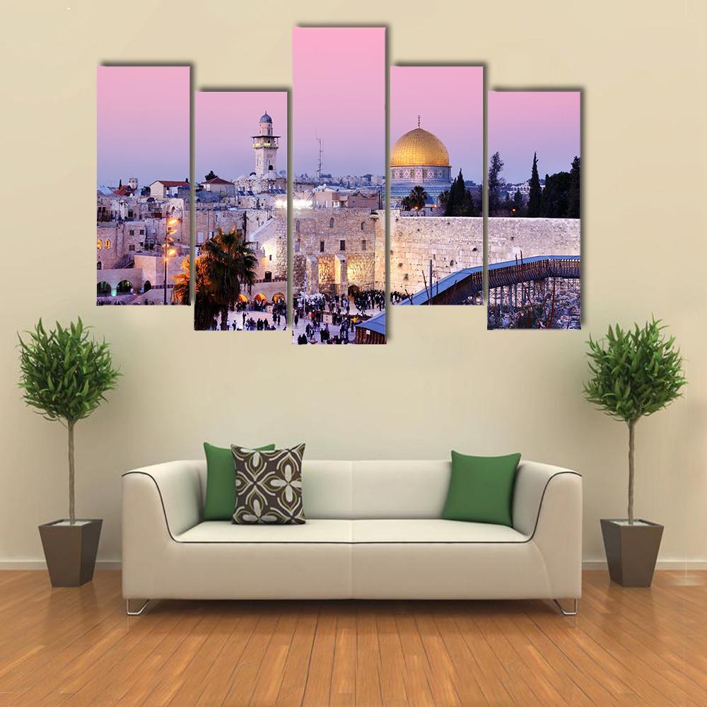 Al Aqsa Mosque at Dusk Canvas Wall Art in gold, purple and pink, 4 panel Pop layout hung on a wall