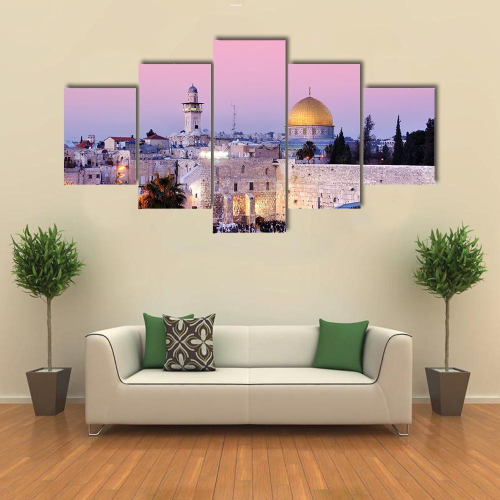 Al Aqsa Mosque at Dusk Canvas Wall Art in gold, purple and pink, 4 panel Pop layout hung on a wall