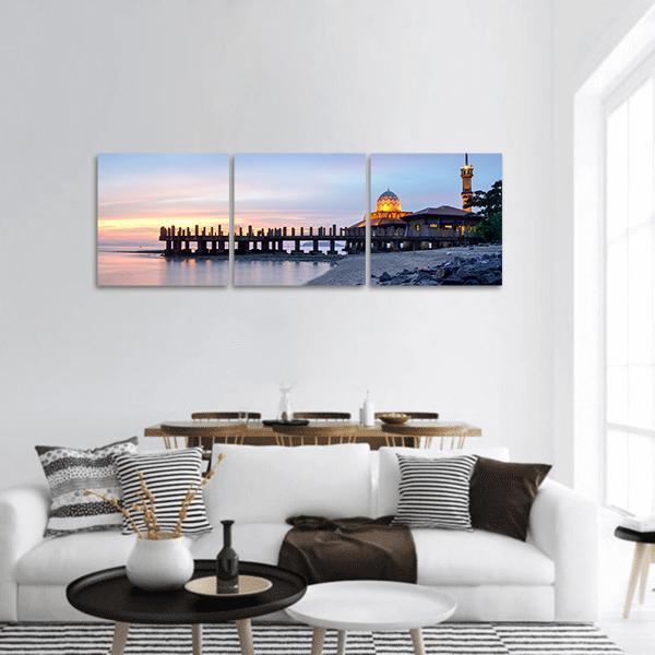 Al-Hussein Mosque In Malaysia Panoramic Canvas Wall Art-3 Piece-25" x 08"-Tiaracle
