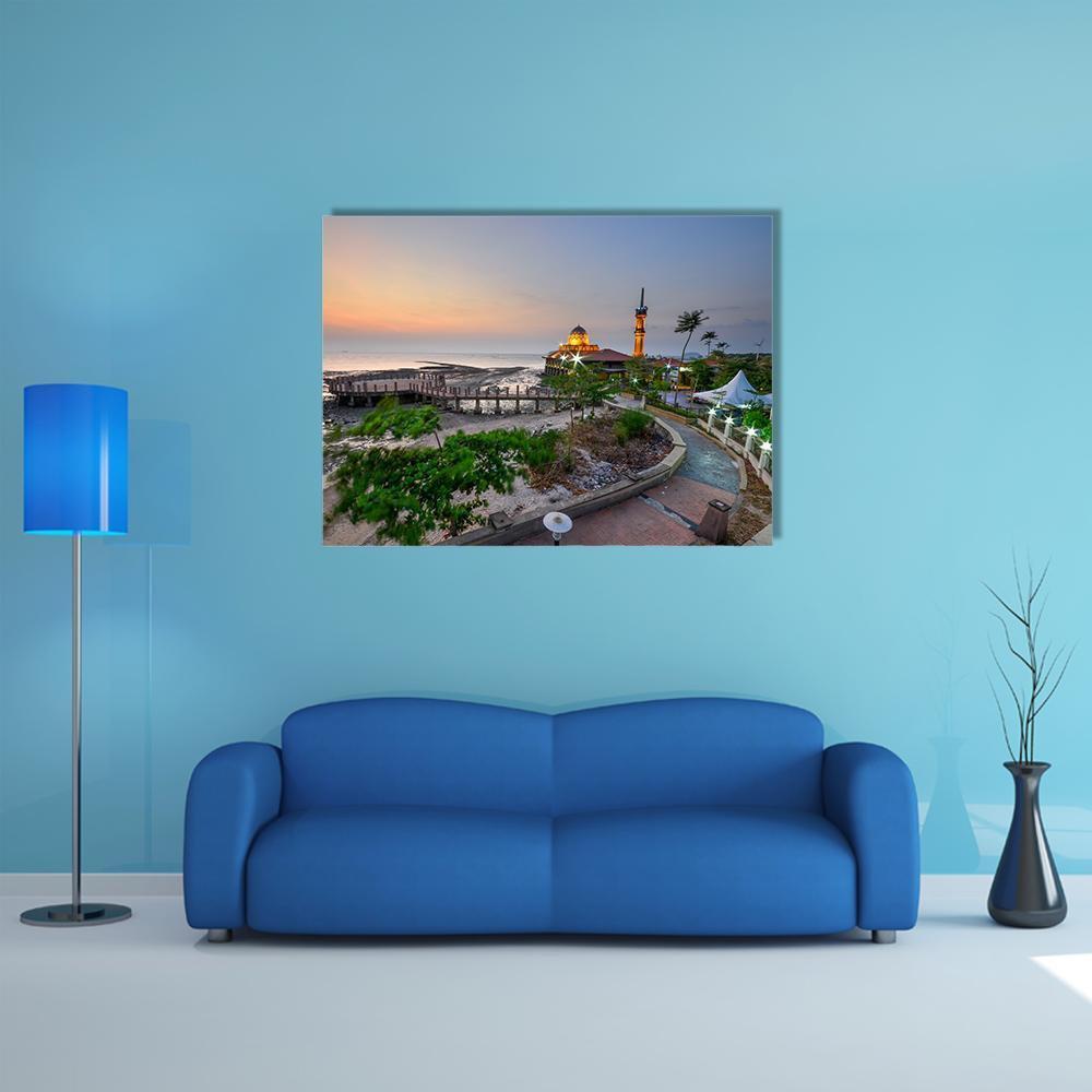 Al-hussien Mosque at Dusk Canvas Wall Art in orange, green and blue, single panel hung on a wall