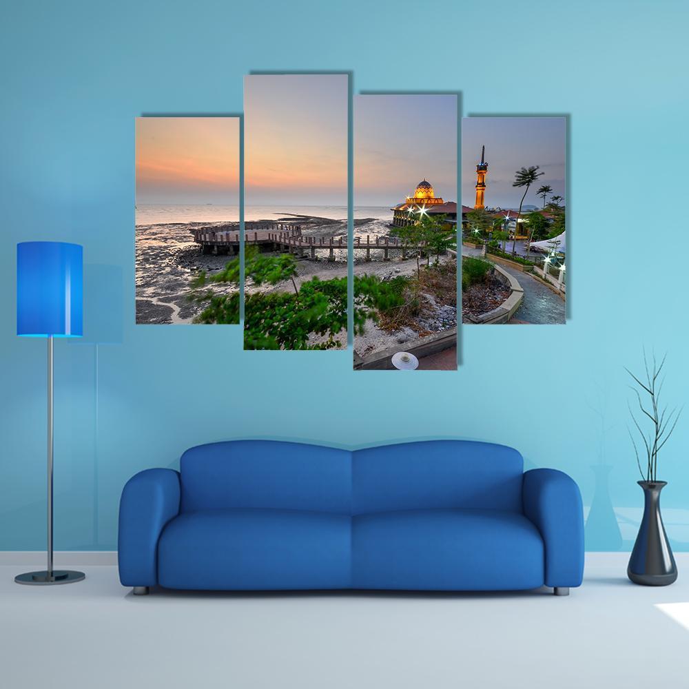 Al-Hussien Mosque At Dusk Canvas Wall Art-4 Pop-Gallery Wrap-50&quot; x 32&quot;-Tiaracle