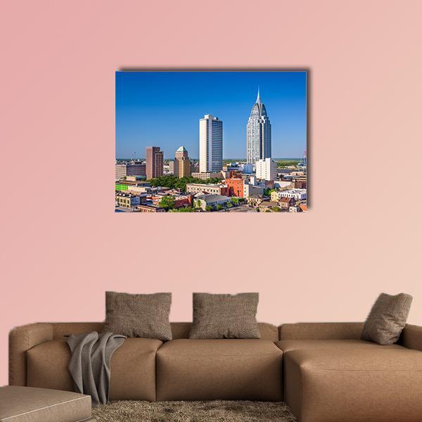 Alabama Downtown Skyline Canvas Wall Art in white, gray and blue, single panel hung on a wall